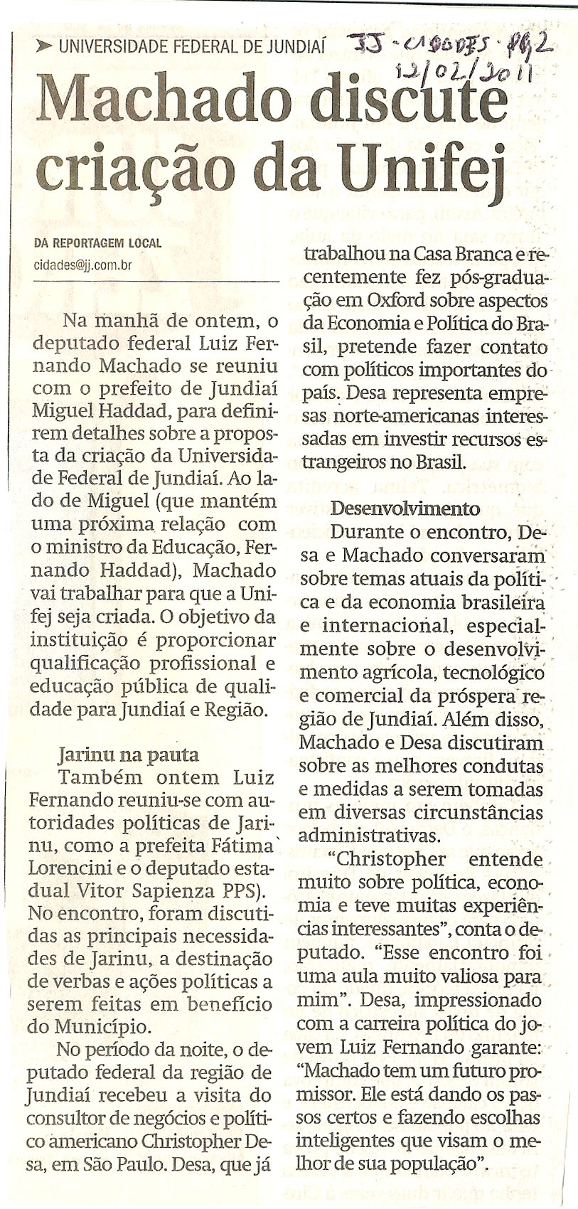 Jornal de Jundiaí  - 12/02/2011