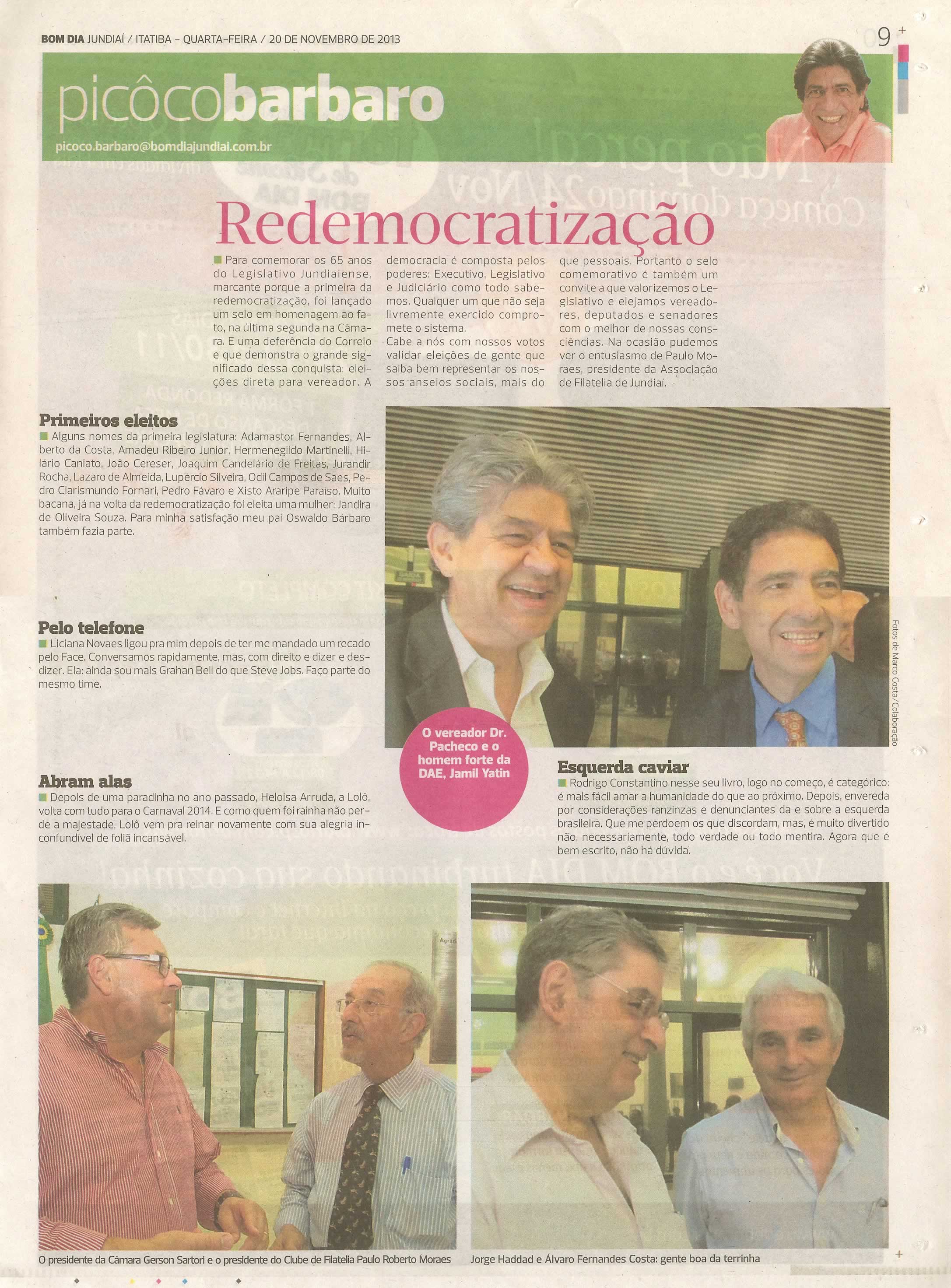 Bom Dia Jundiaí - 20/11/13 - pg 9 - picoco barbaro - Redemocratização -