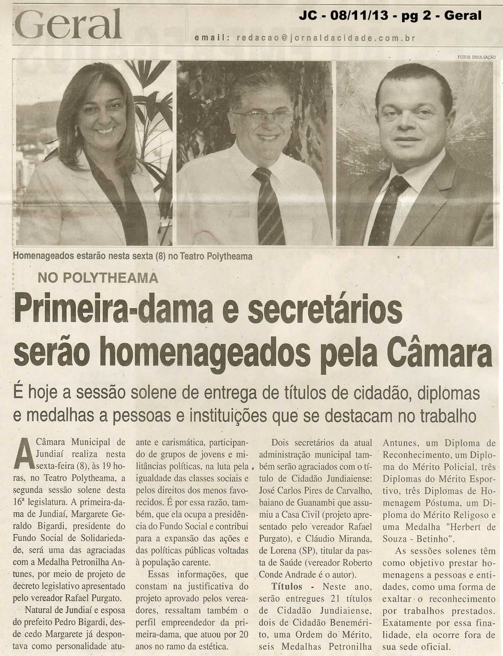 JC - 08/11/13 - pagina 2 - geral - primeira-dama e secretários serão homenageados pela câmara - 