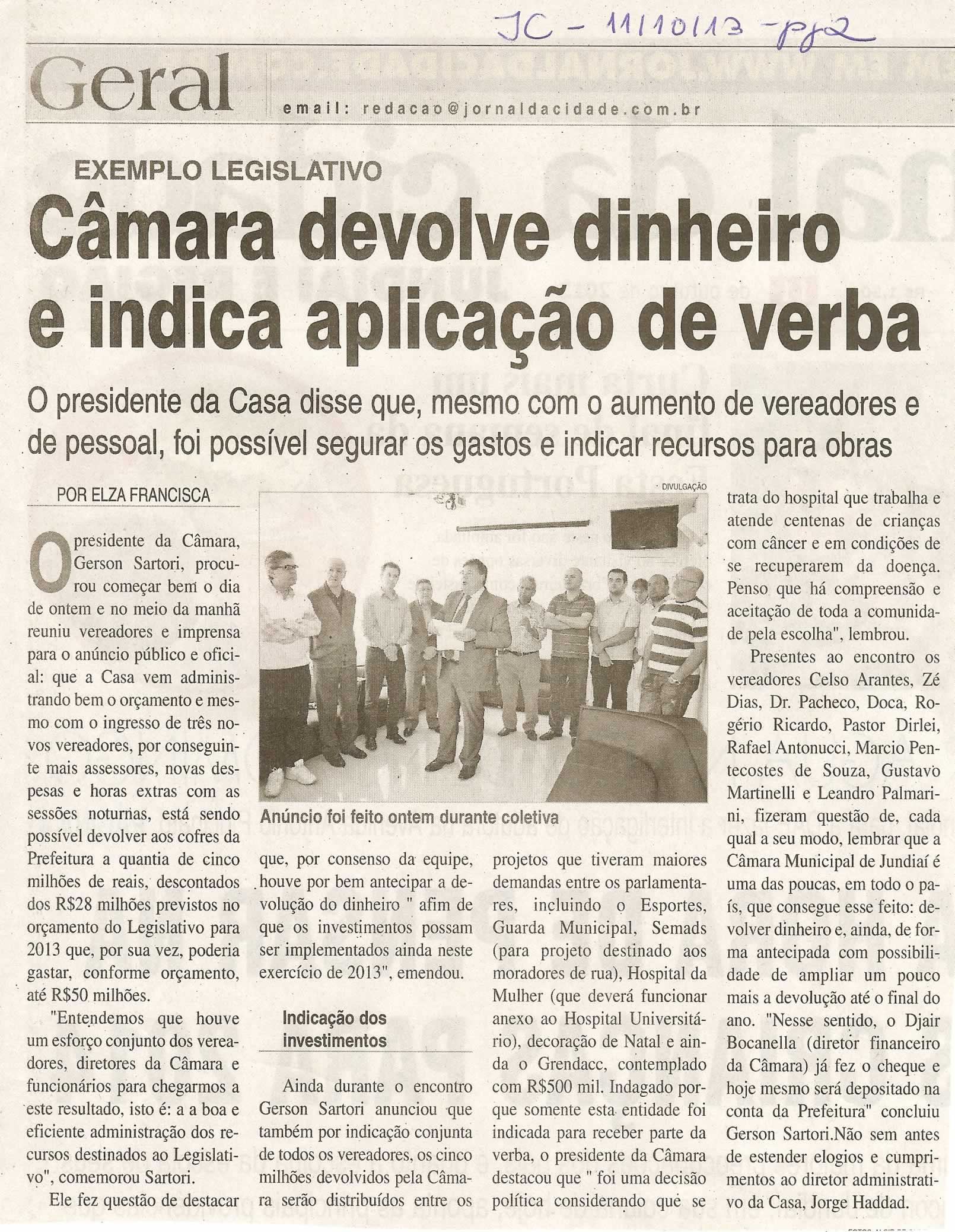 JC - 11/10/13 - pagina 2 - geral - Câmara devolve dinheiro e indica aplicação de verba - 