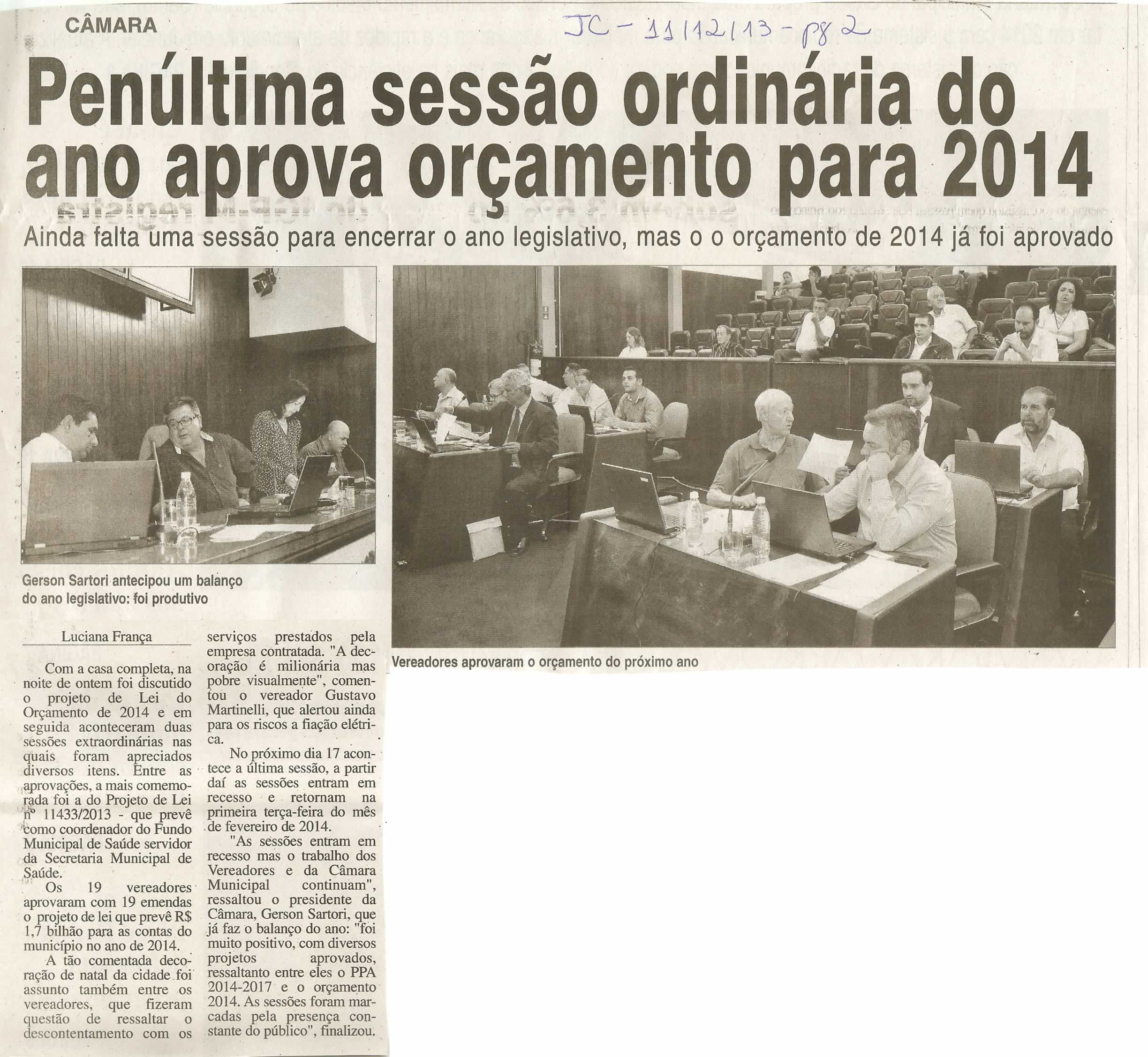 JC - 11/12/13 - Penúltima sessão ordinária do ano aprova orçamento para 2014 -