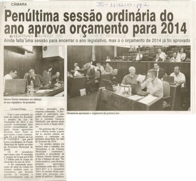 JC - 11/12/13 - Penúltima sessão ordinária do ano aprova orçamento para 2014 -