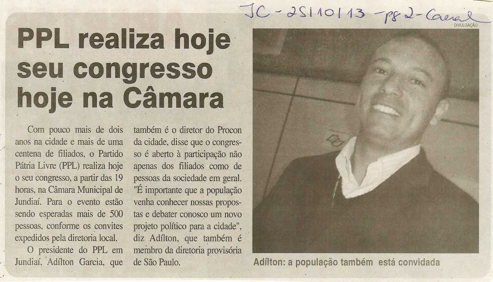 JC - 25/10/13 - pagina 2 - geral - PPL realiza hoje seu congresso na Câmara -