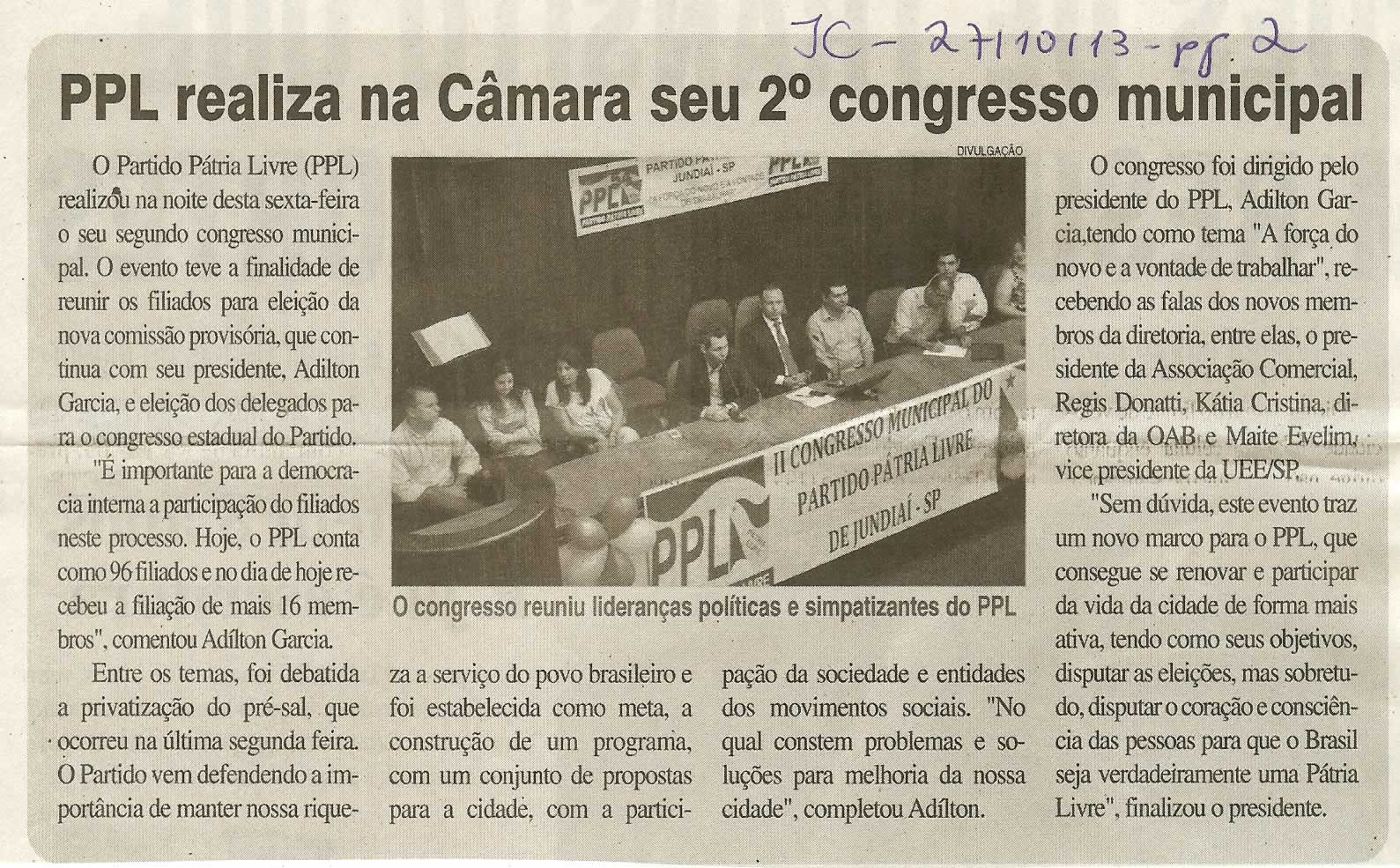 JC - 27/10/13 - pagina 2 - geral - PPL realiza na Câmara seu 2º congresso municipal -