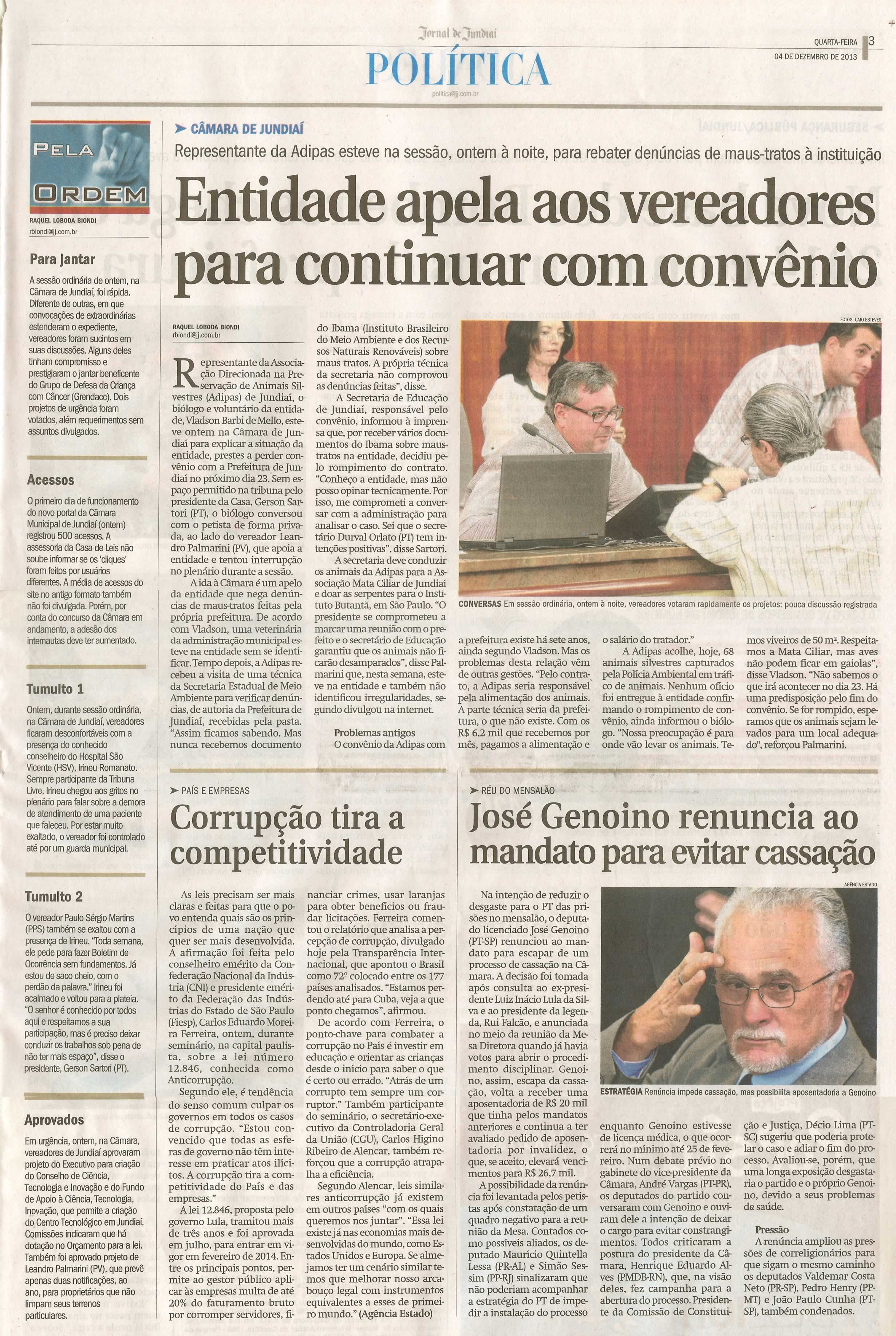 JJ - 04/12/13 - pg 3 - Política - Entidade apela aos vereadores para continuar com convênio -