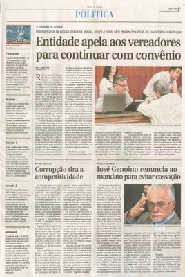 JJ - 04/12/13 - pg 3 - Política - Entidade apela aos vereadores para continuar com convênio -