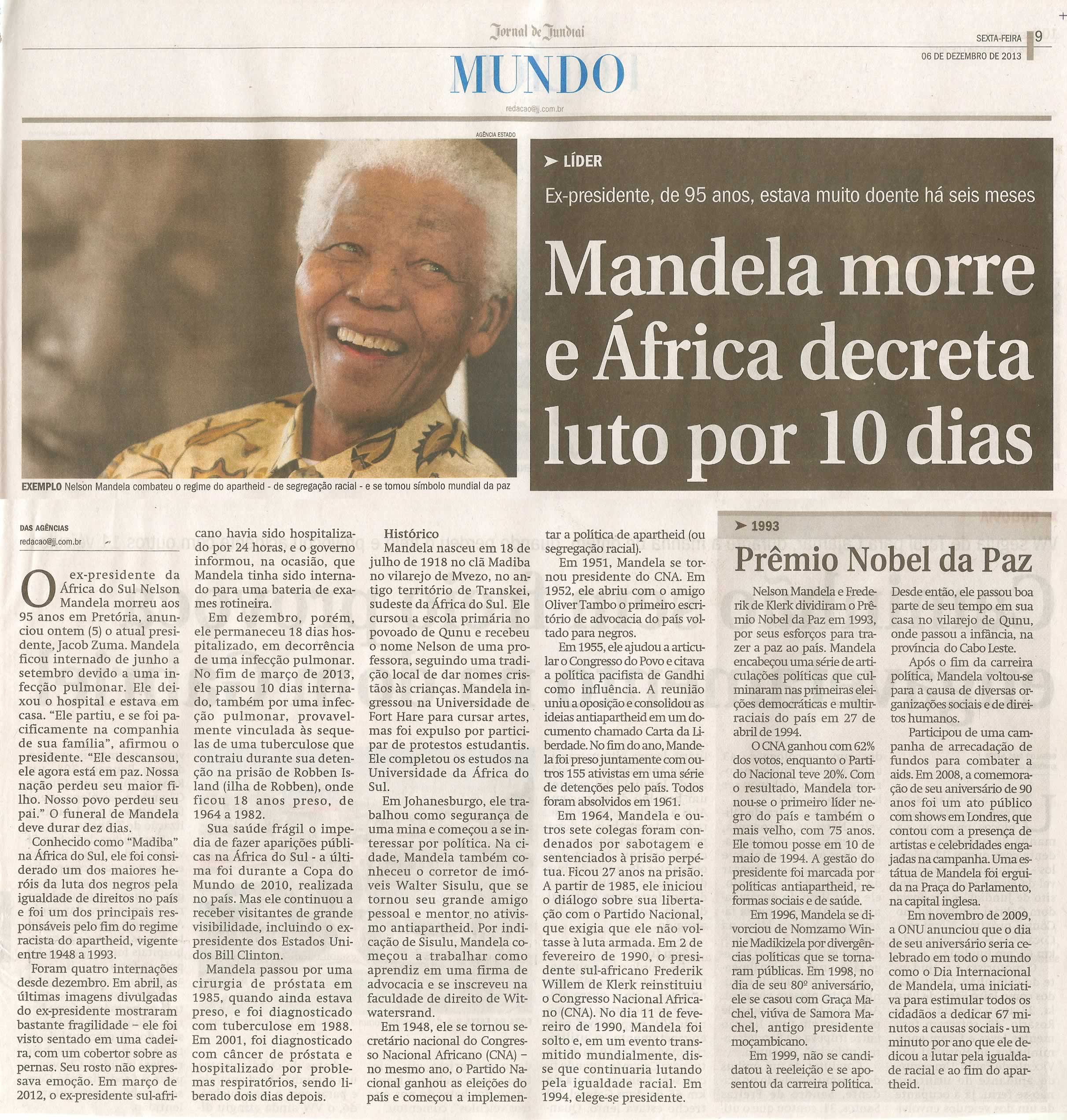 JJ - 06/12/13 - pg 9 - Mundo - Mandela morre e África decreta luto por 10 dias -