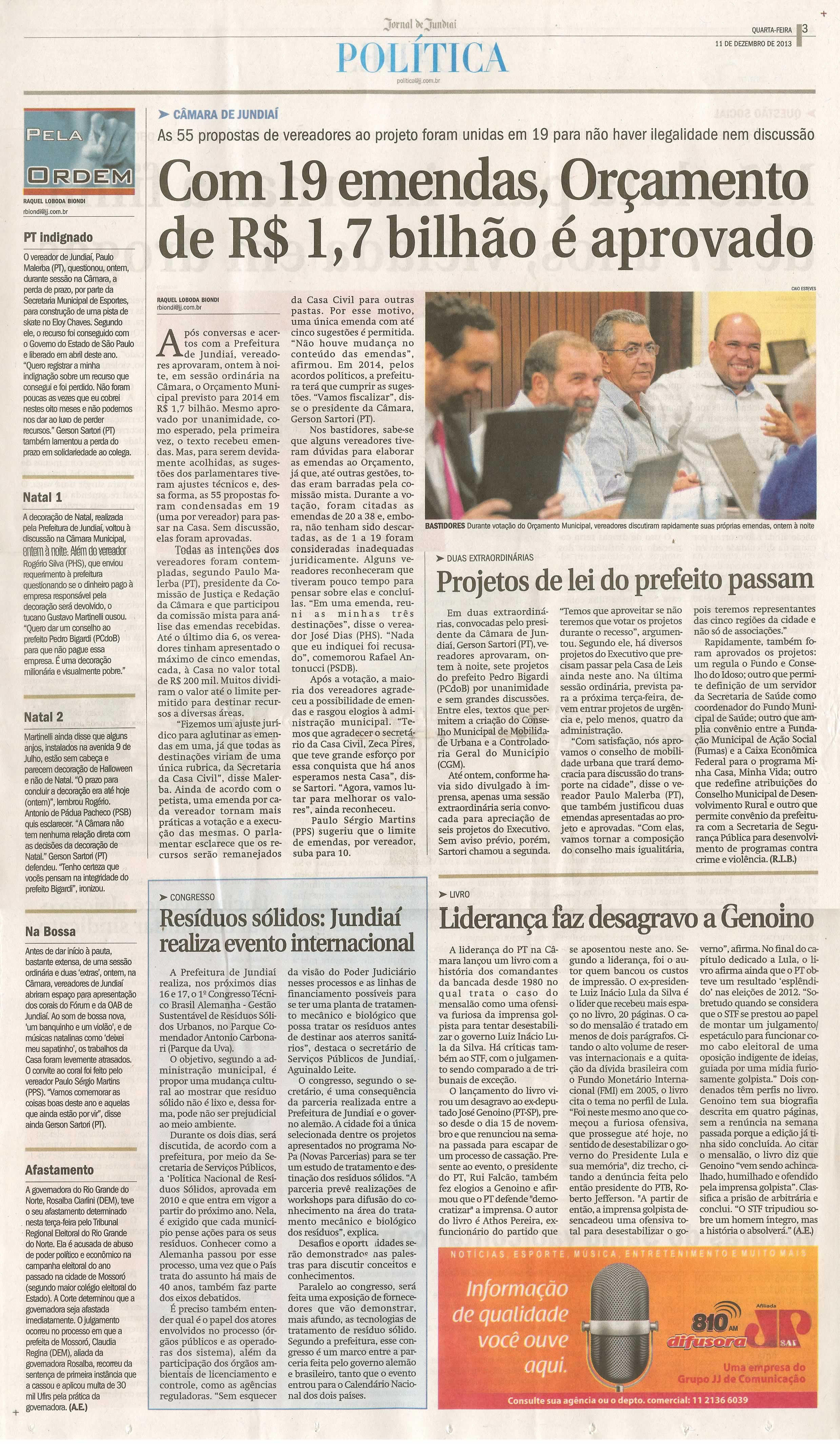 JJ - 11/12/13 - pg 3 - Política - Com 19 emendas, Orçamento de R$ 1,7 bilhão é aprovado -