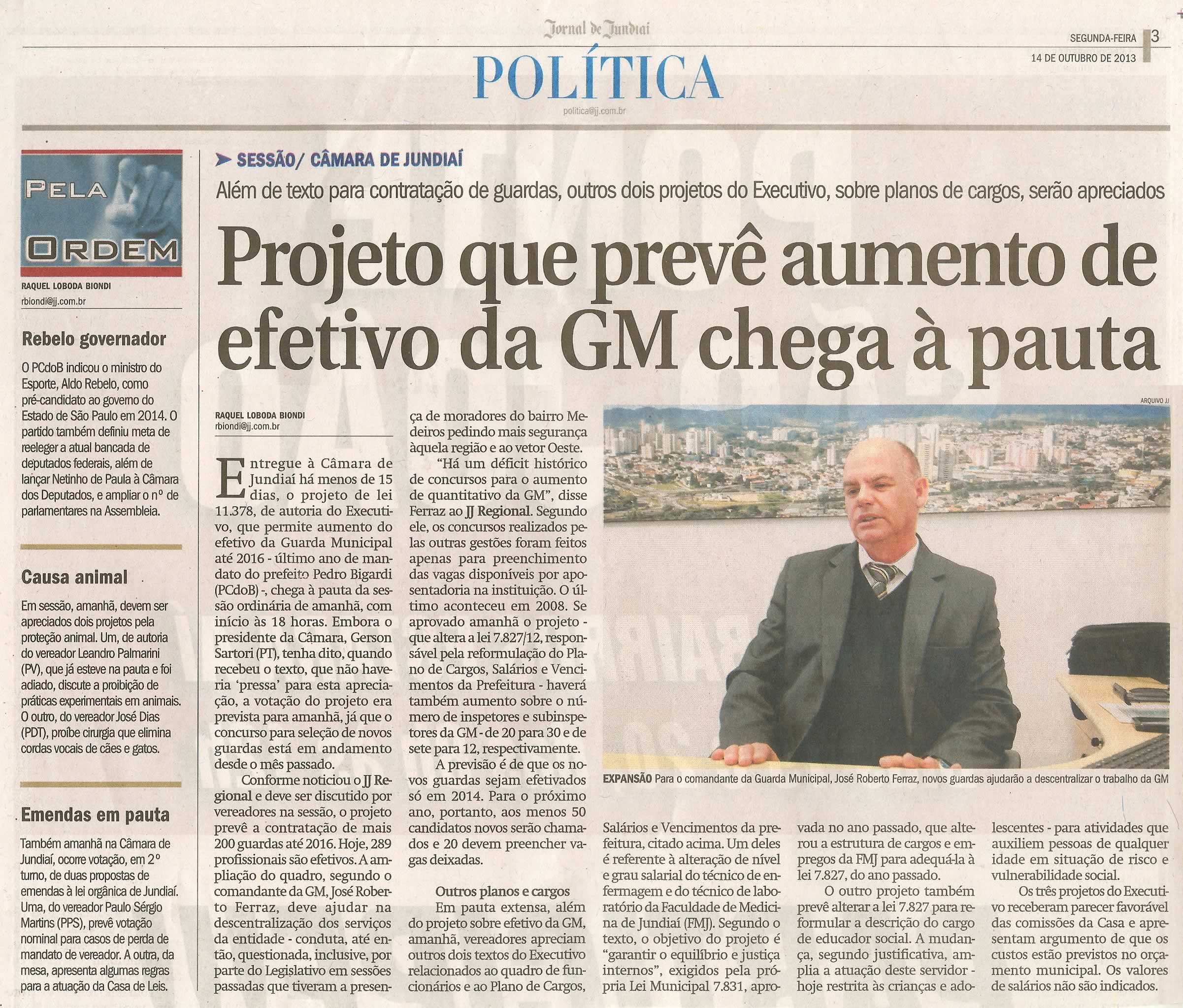 JJ - 14/10/13 - pagina 3 - política - Projeto que prevê aumento de efetivo da GM chega à pauta -