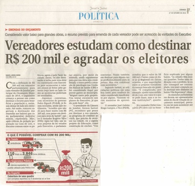 JJ - 27/10/13 - pagina 3 - política - vereadores estudam como destinar R$ 200 mil e agradar os eleitores -