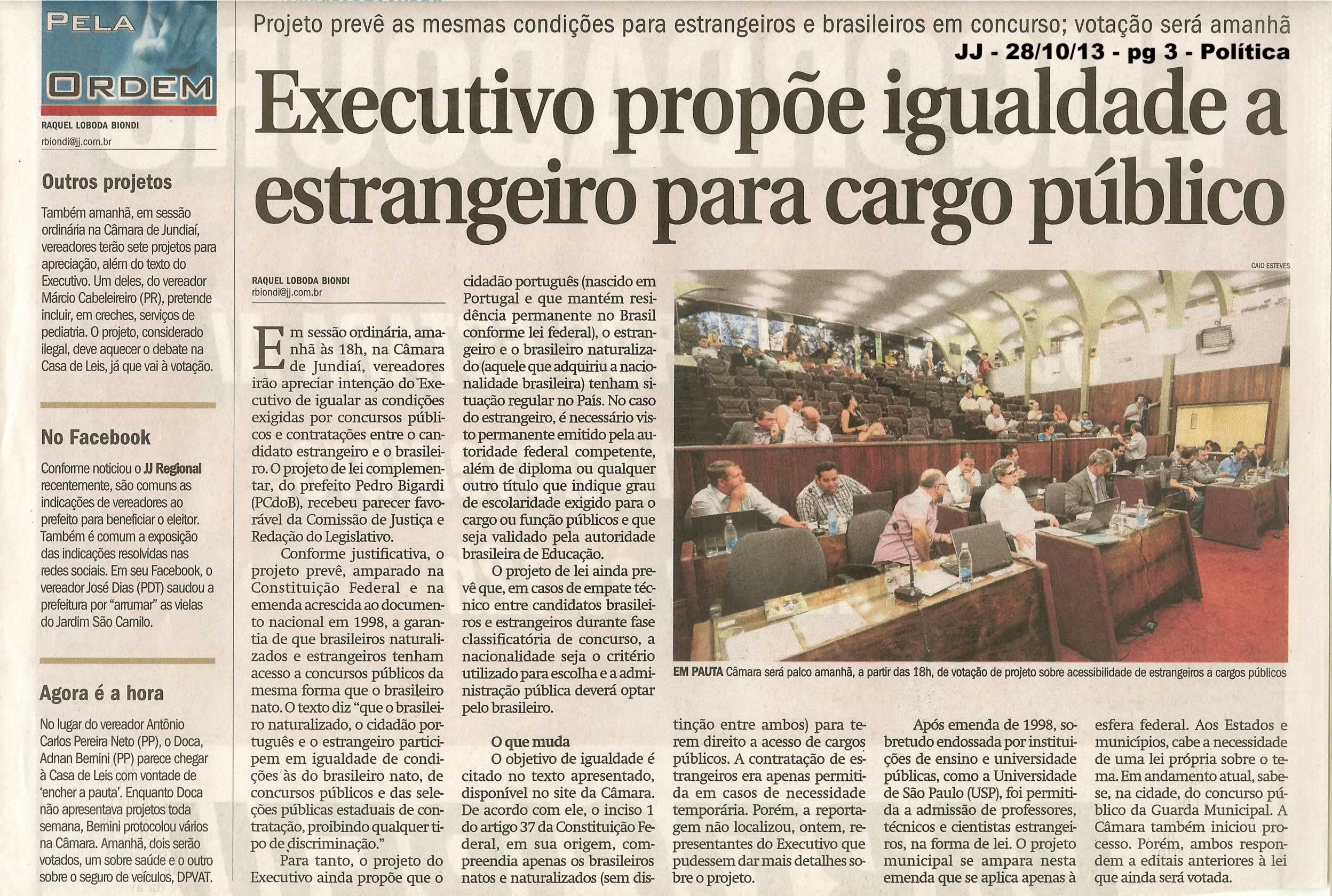 JJ - 28/10/13 - pagina 3 - política - Executivo propõe igualidade a estrangeiro para cargo público  -
