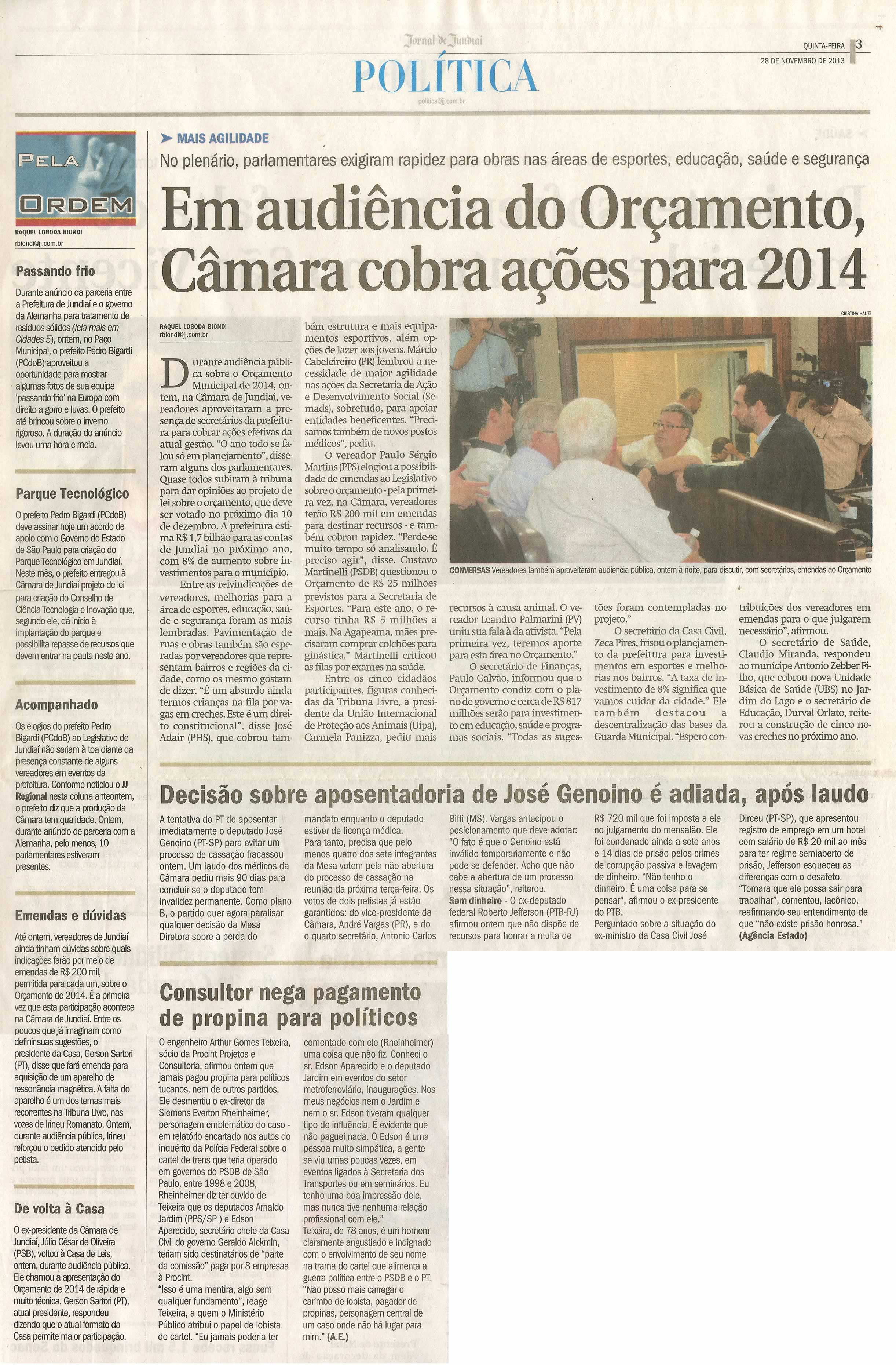 JJ - 28/11/13 - pg 3 - Política - Em audiência do Orçamento, Câmara cobra ações para 2014 -
