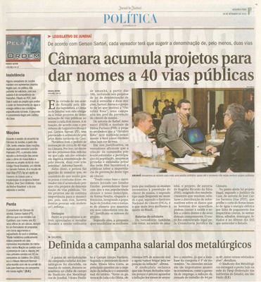 Jornal de Jundiaí - 16/09/13 - Pagina 3 - Política - Câmara acumula projetos para dar nomes a 40 vias públicas -
