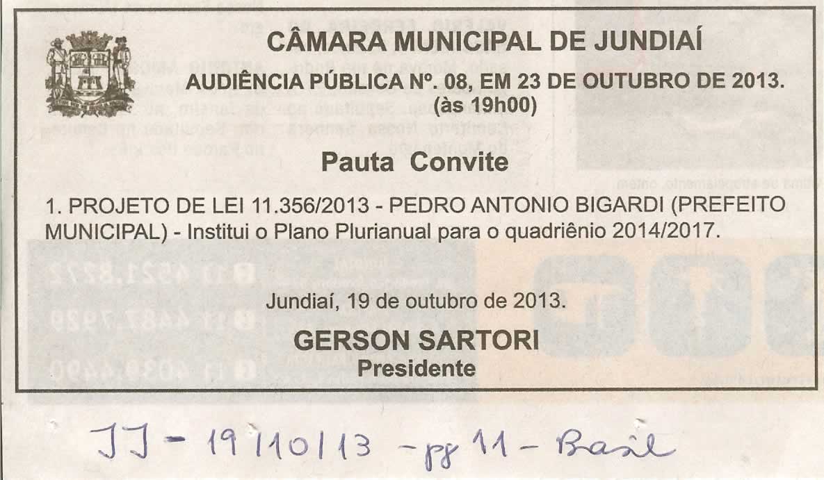 JJ - 19/10/13 - pagina 11 - brasil - pauta convite - audiência pública nº 8 - câmara municipal de jundiaí - 