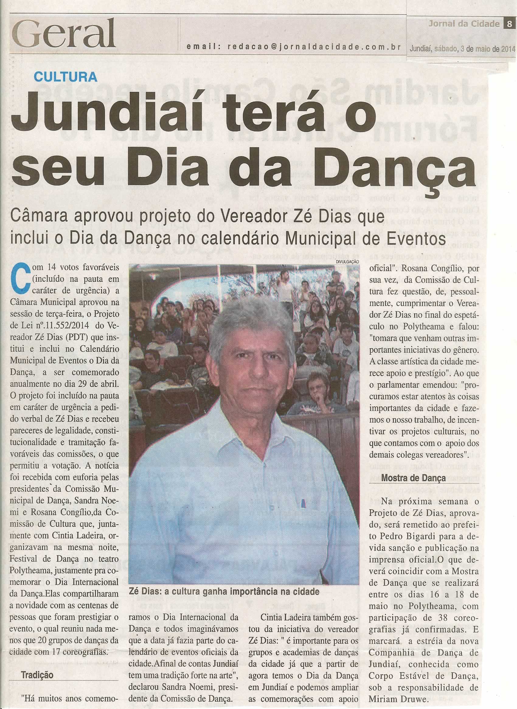 JC - 03/05/14 - pg 8 - geral - Jundiaí terá o seu dia da dança - 