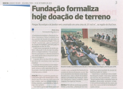 Bom Dia - 15/09/14 - pág. 03 - Fundação formaliza hoje doação de terreno.