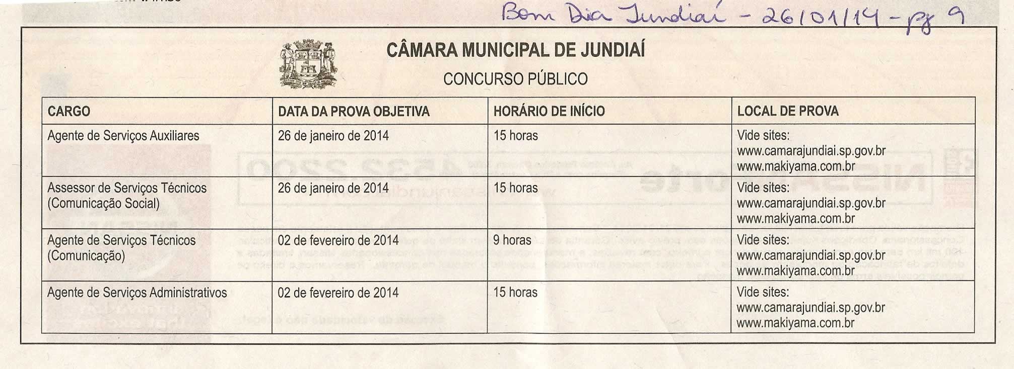 Bom Dia Jundiaí - 26/01/14 - pg 9 - Concurso Público Câmara Municipal de Jundiaí