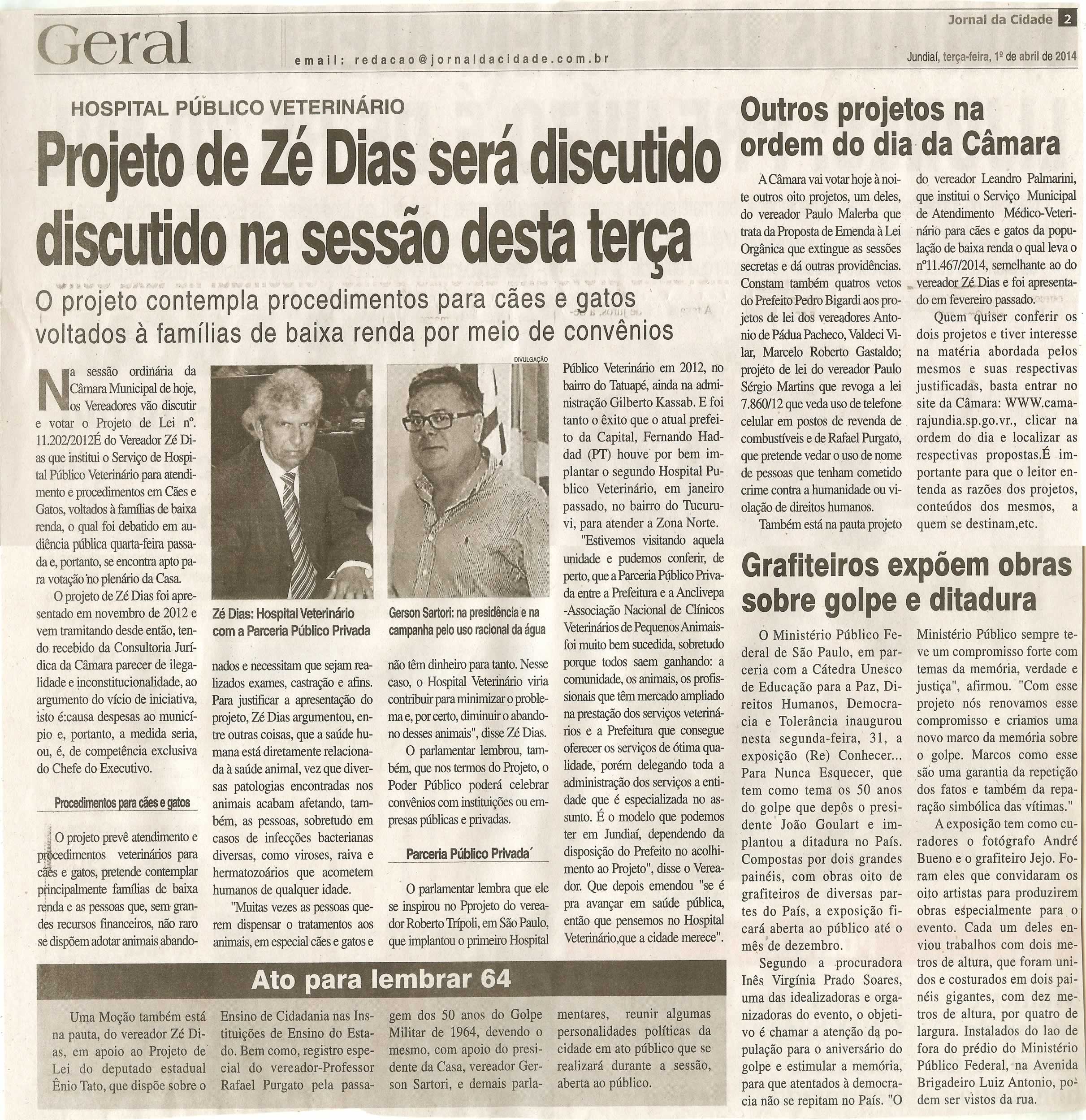 JC - 01/04/14 - pg 2 - Geral - Projeto de Zé Dias será discutido na sessão desta terça - Ato para lembrar 64 - Outros projetos na ordem do dia da Câmara - Grafiteiros expõem obras sobre golpe e ditadura -