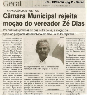 JC - 13/02/14 - pg 2 - Geral - Câmara Municipal rejeita moção do vereador José Dias -