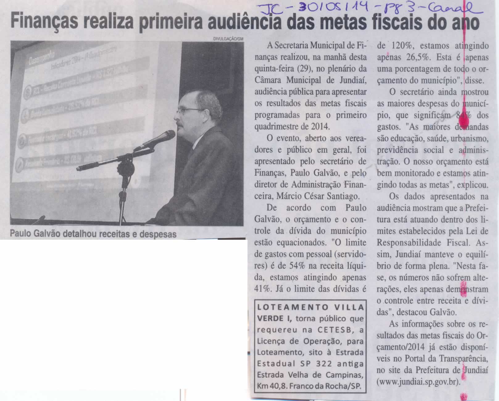 JC – 30/05/2014 – pg 3 – Geral – Finanças realiza primeira audiência das metas fiscais do ano.