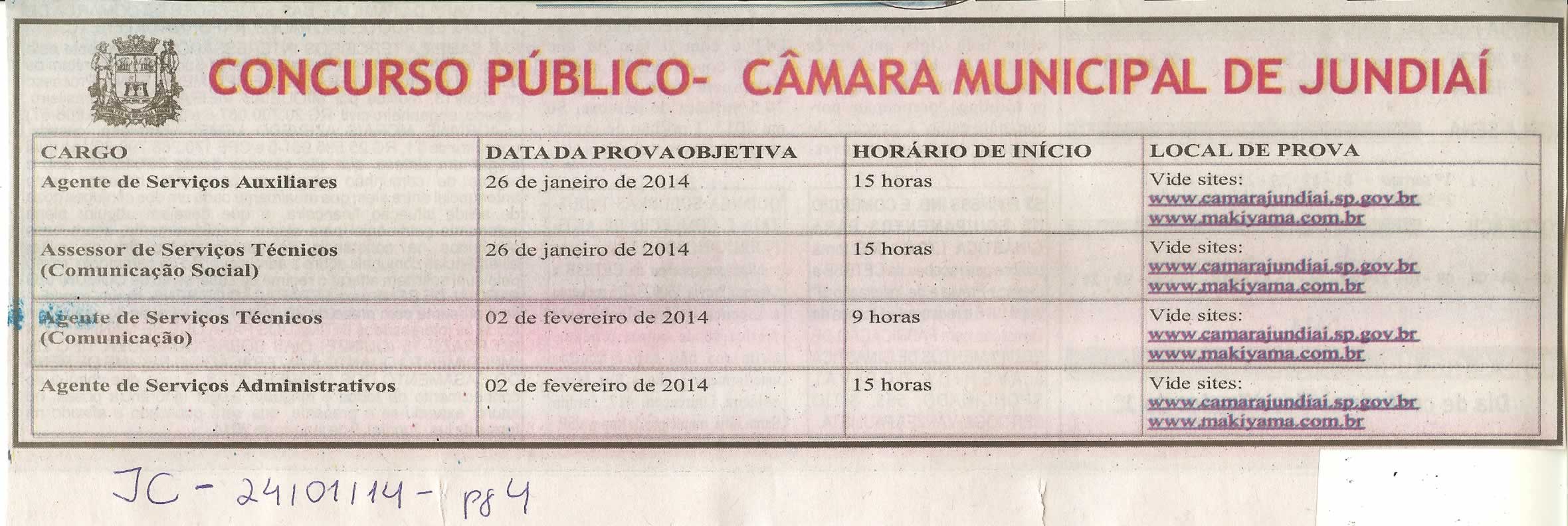 JC - 24/01/14 - pg 4 - Concurso Público Câmara Municipal de Jundiaí