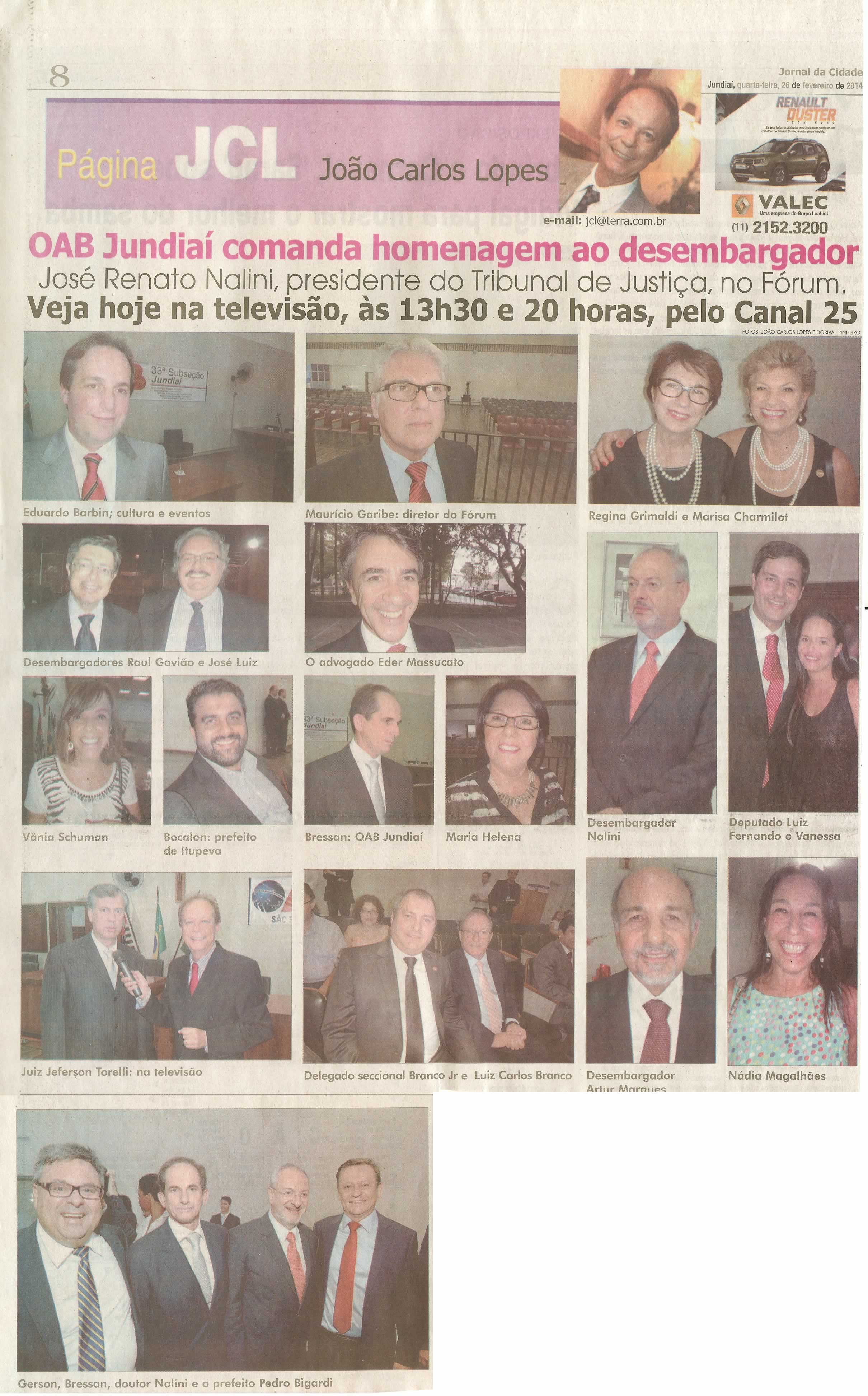 JC - 26/02/14 - pg 8 - JCL - OAB comanda homenagem ao desembargador José Renato Nalini -
