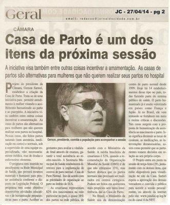 JC - 27/04/14 - pg 2 - Casa de parto é um dos itens da próxima sessão - 
