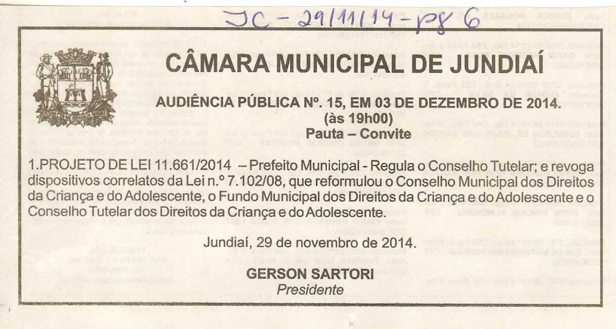 JC - 29/11/14 - pg 6 - Audiência Pública - Câmara Municipal de Jundiaí