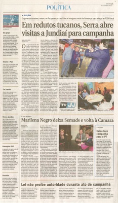 JJ - 01/08/14 - pg 3 - Política - Em redutos tucanos, Serra abre visitas a Jundiaí para campanha - Marilena Negro deixa Semads e volta à Câmara -