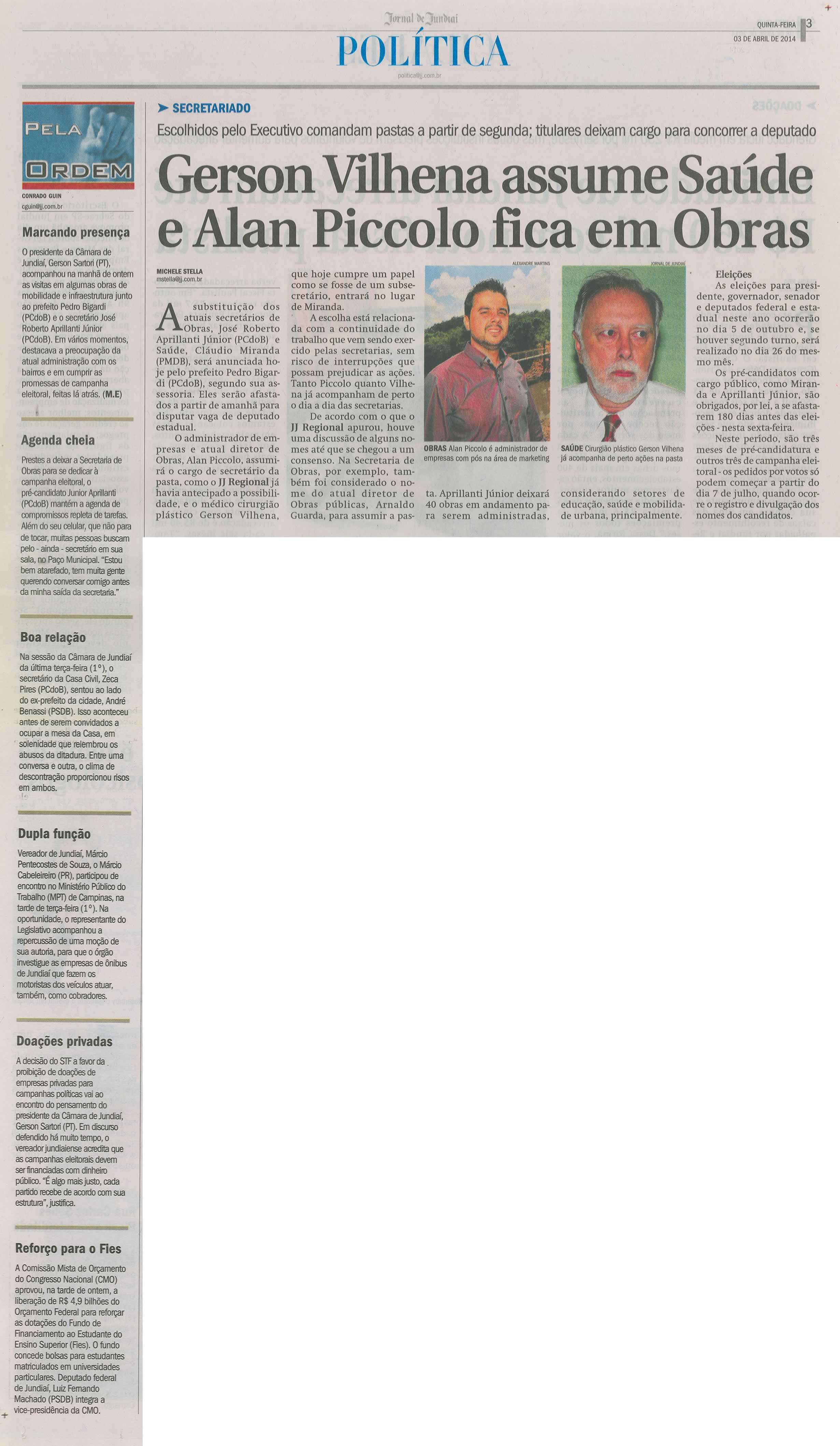 JJ - 03/04/14 - pg 3 - Política - Gerson Vilhena assume saúde e Alan Picolo fica em obras -