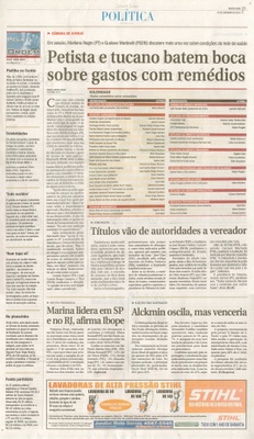 JJ - 03/09/14 - pág. 03 - Política - Pela Ordem - Petista e tucano batem boca sobre gastos com remédios - Títulos vão de autoridades a vereadores.