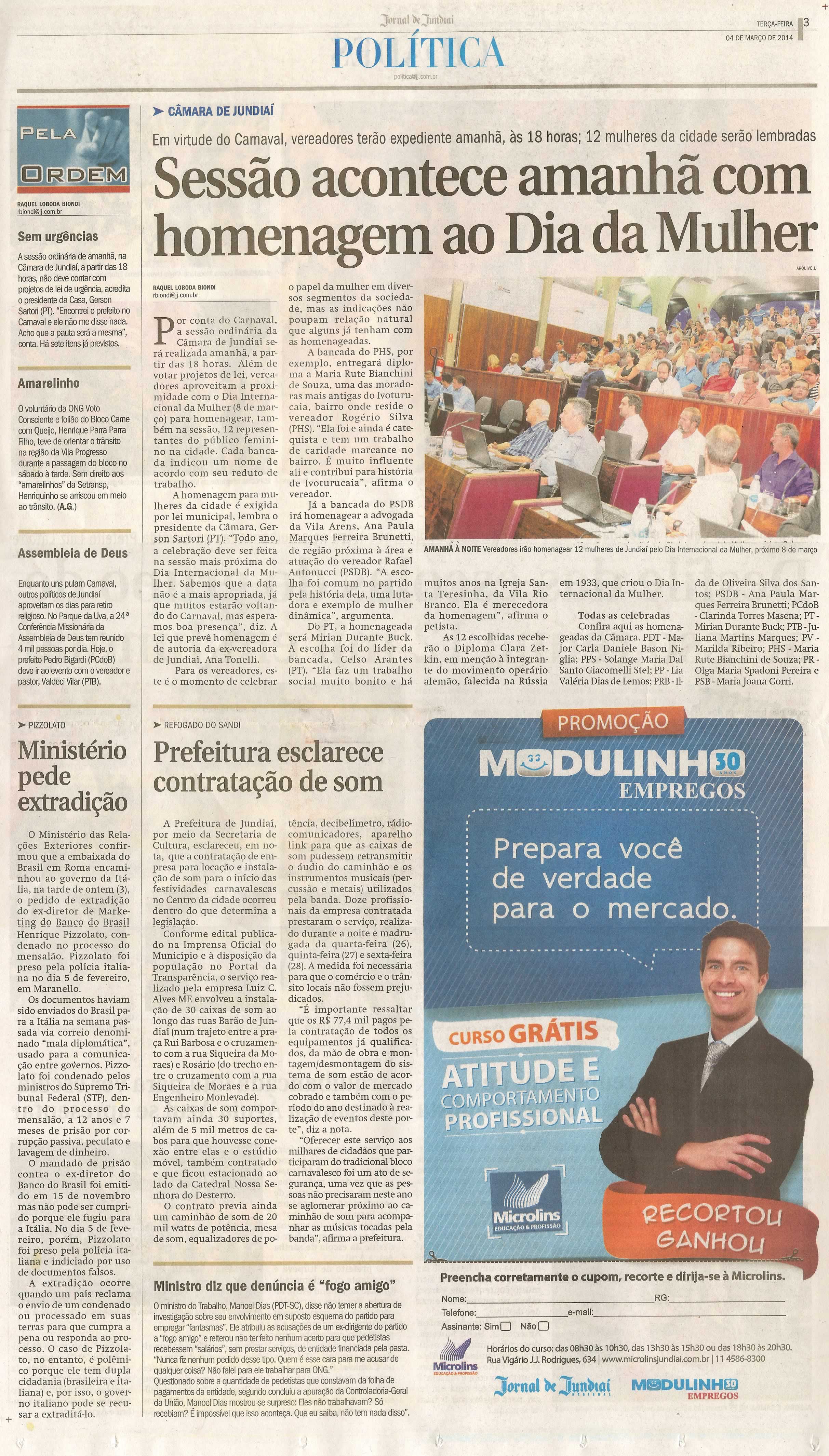 JJ - 04/03/14 - pg 3 - Política - Sessão acontece amanhã com homenagem ao dia da mulher - 