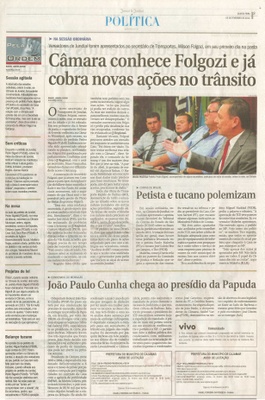 JJ - 05.02.14 - pg 3 - Política - Câmara conhece Folgozi e já cobra novas ações no trânsito - Petista e tucano polemizam -