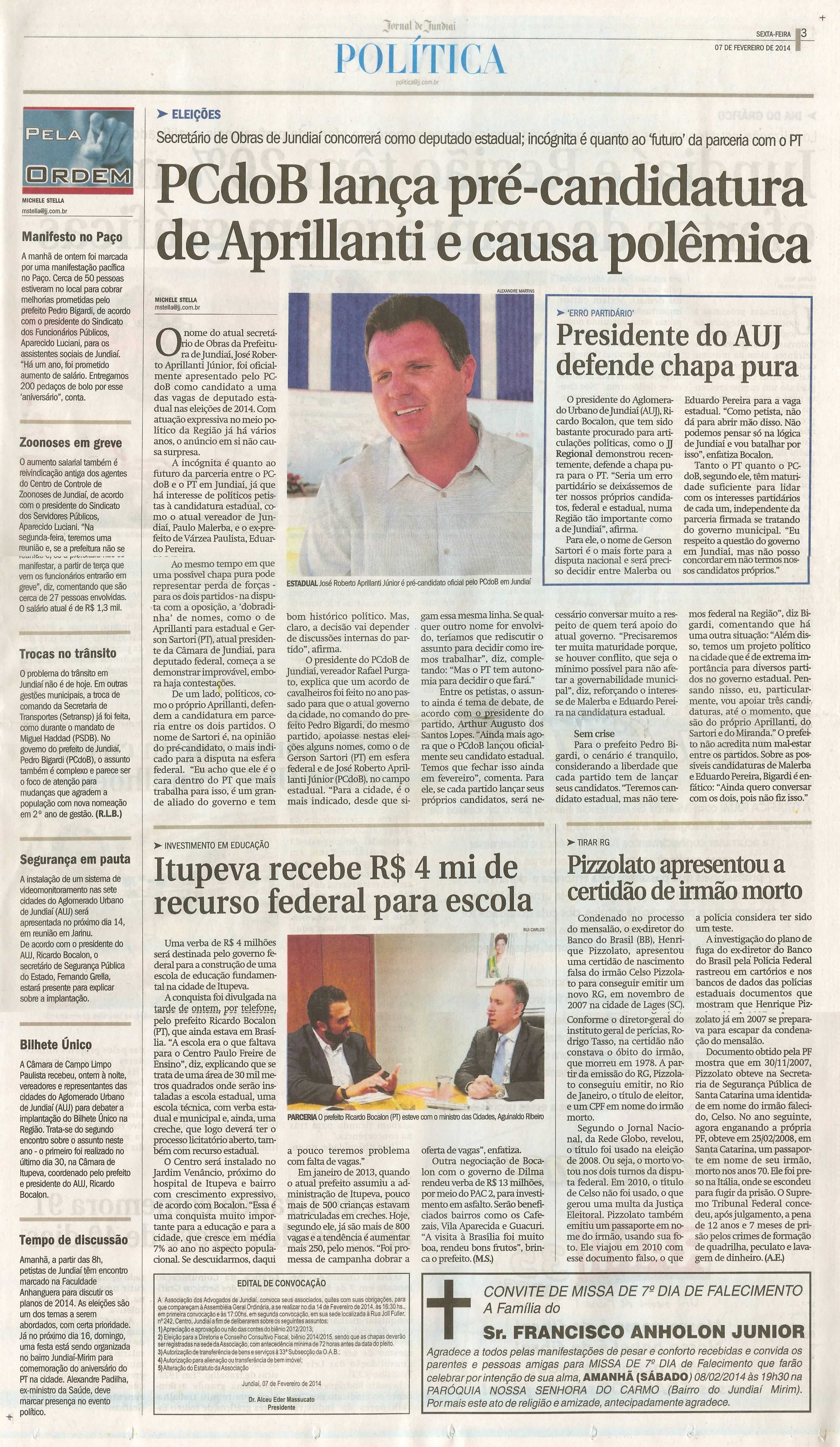 JJ - 07/02/14 - pg 3 - Política - PC do B lança pré-candidatura de aprillanti e caua polêmica -