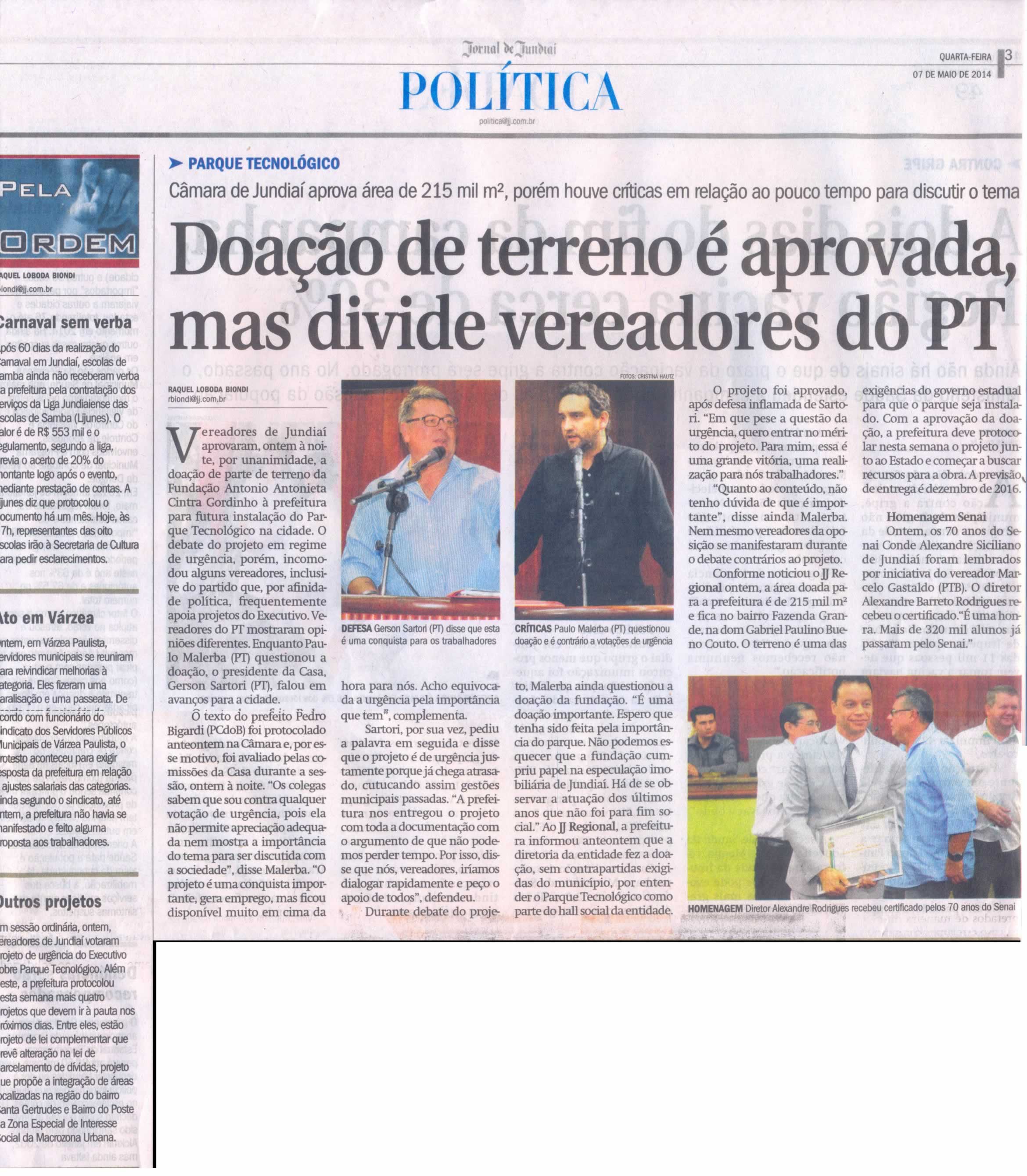 JJ - 07/05/14 - pg 3 - Política - Doação de terreno é aprovada, mas divide vereadores do PT -