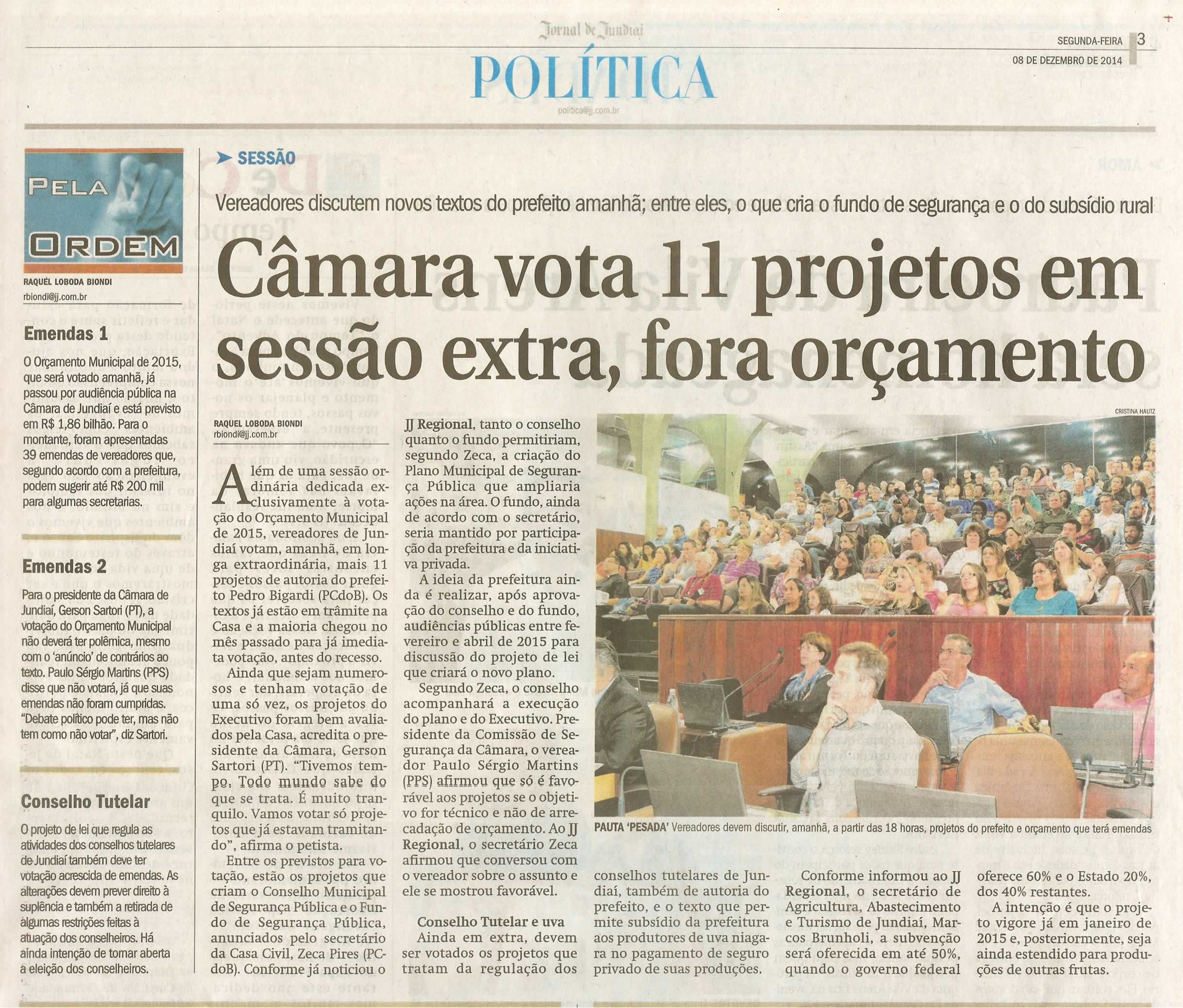 JJ - 08/12/14 - pg 3 - Política - Câmara vota 11 projetos em sessão extra, fora orçamento - 