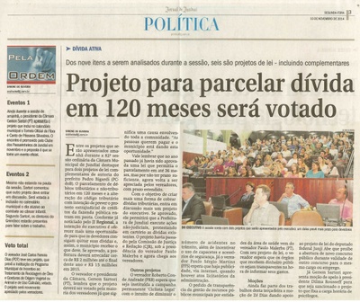 JJ - 10/11/14 - pg 3 - Política - Projeto para parcelar dívida em 120 meses será votado -