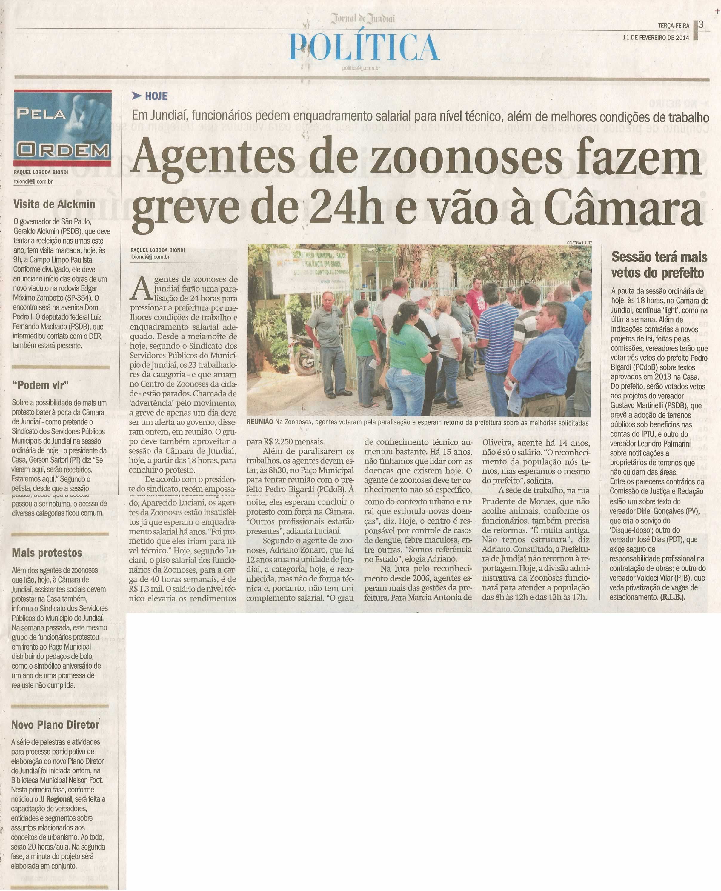 JJ - 11/02/14 - pg 3 - Política - Agentes de zoonoses fazem greve e vão à Câmara - Sessão terá mais vetos do prefeito -