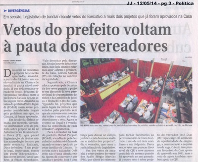 JJ - 12/05/14 - pg 3 - Política - Vetos do prefeito voltam à pauta dos vereadores -