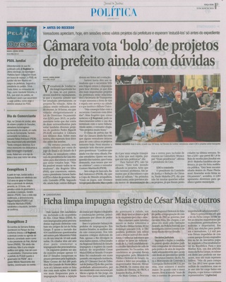 JJ - 15/07/14 - pg 3 - Política - Câmara vota bolo de projetos do prefeito ainda com dúvidas -