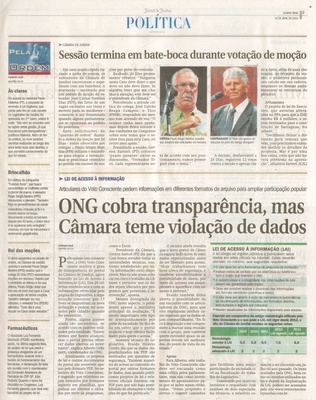 JJ - 16/04/14 - pg 3 - Política - Sessão termina em bate-boca durante cotação de moção - ONG cobra transparência, mas Câmara teme violação de dados -