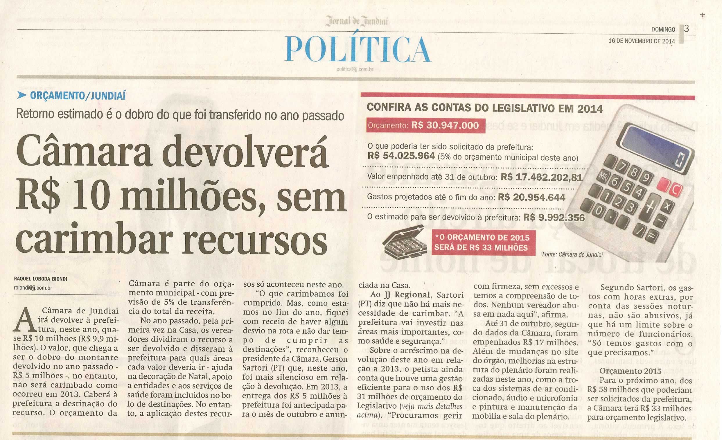JJ - 16/11/14 - pg 3 - Política - Câmara devolverá R$ 10 milhões, sem carimbar recursos -