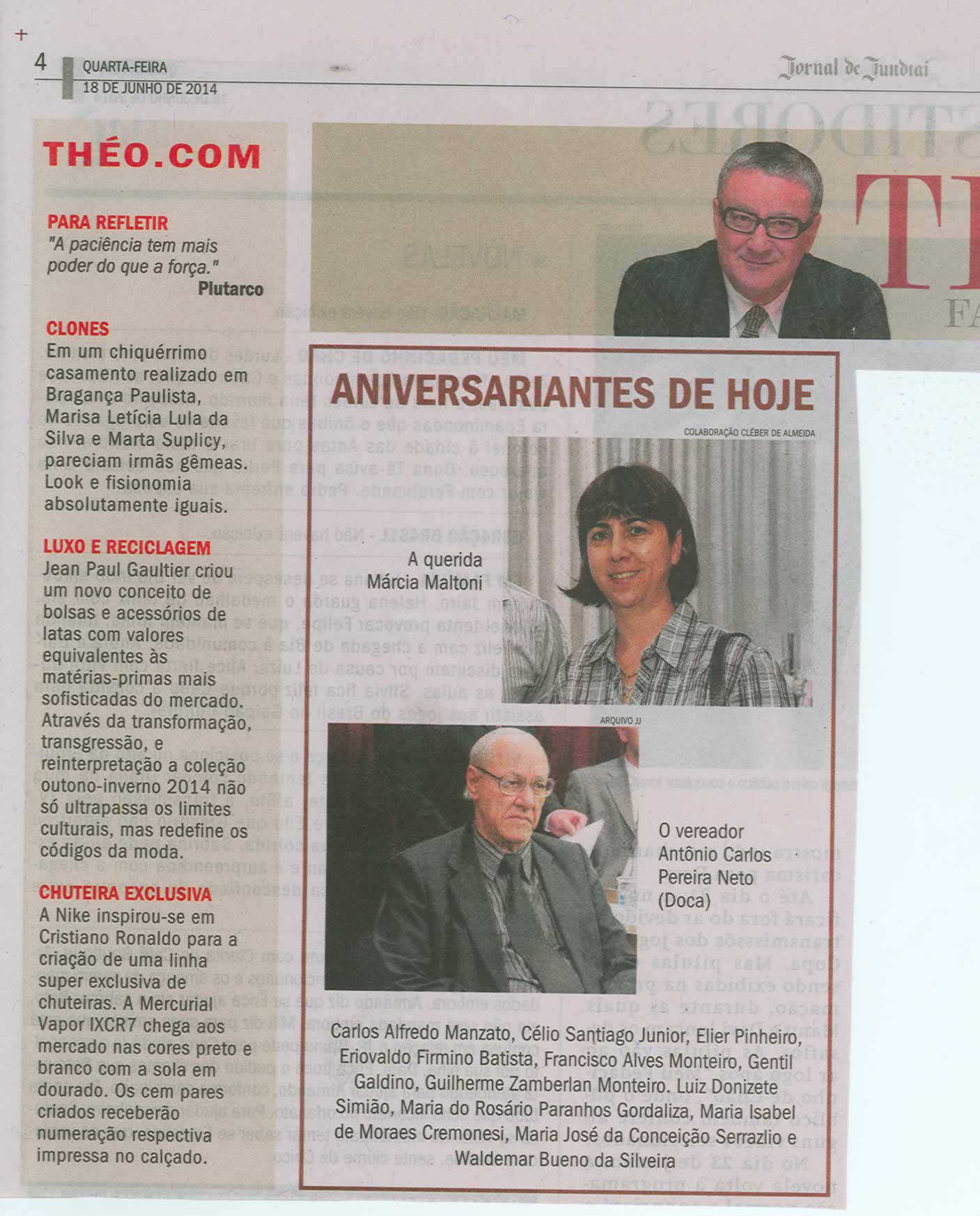 JJ - 18/06/14 - pg 4 - Theo - Aniversariantes de hoje - 