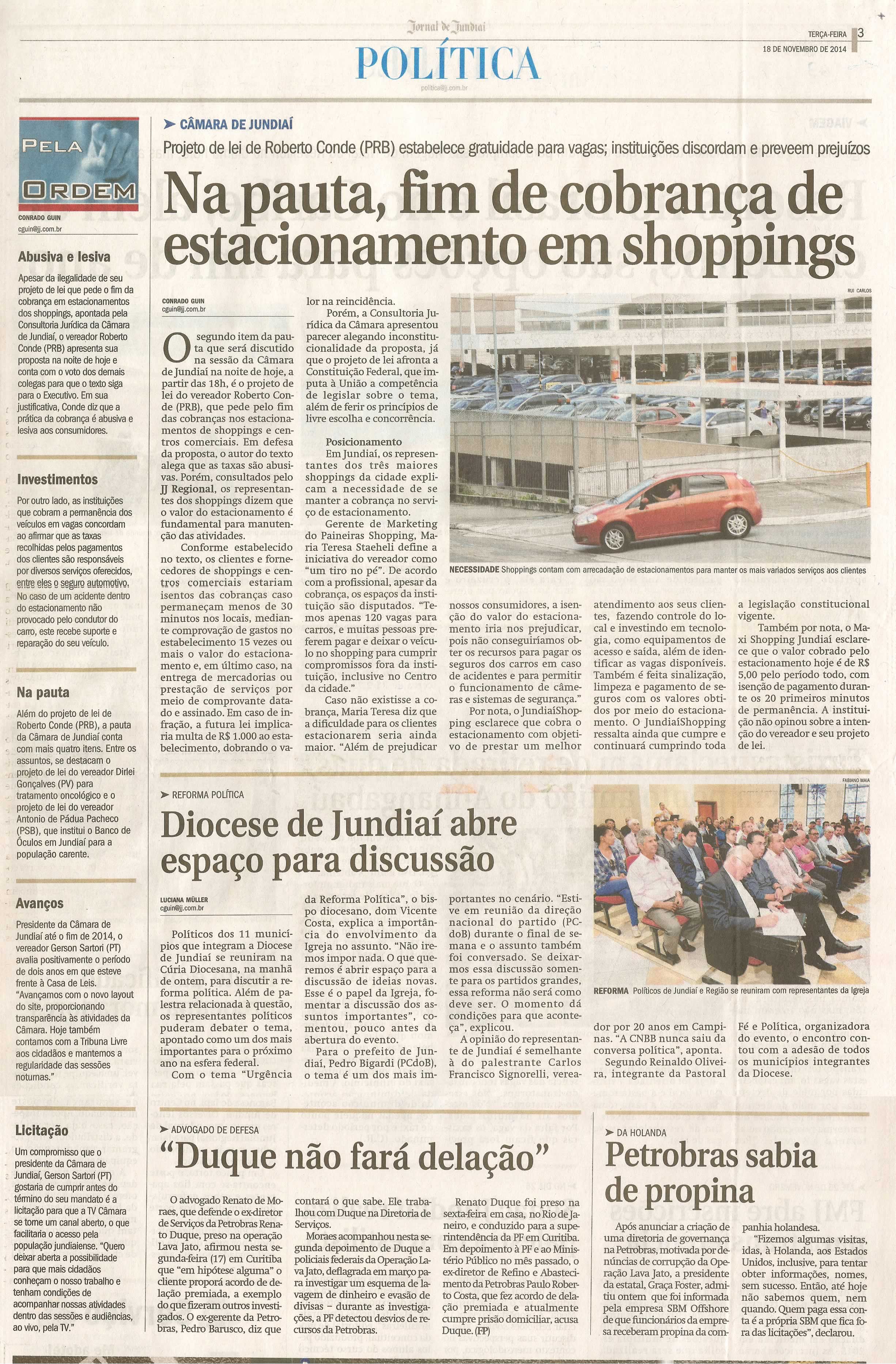 JJ - 18/11/14 - pg 3 - Política - Na pauta, fim de cobrança de estacionamento em shoppings -
