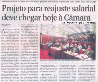 JJ – 02/06/2014 – pg 3 – Política – Projeto para reajuste salarial deve chegar hoje à Câmara.
