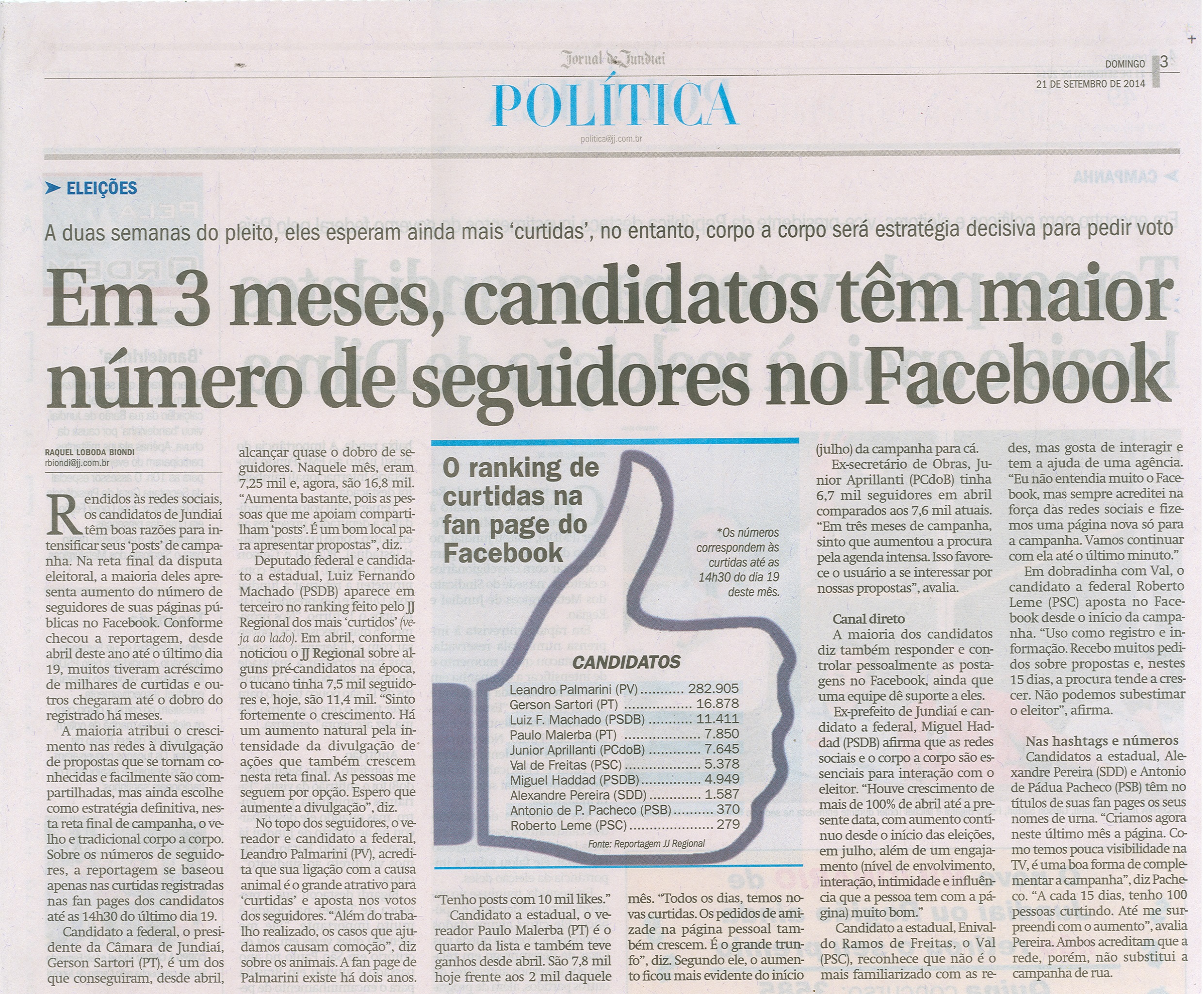 JJ - 21/09/14 - pág. 03 - Política - Em 3 meses, candidatos têm maior número de seguidores no Facebook.