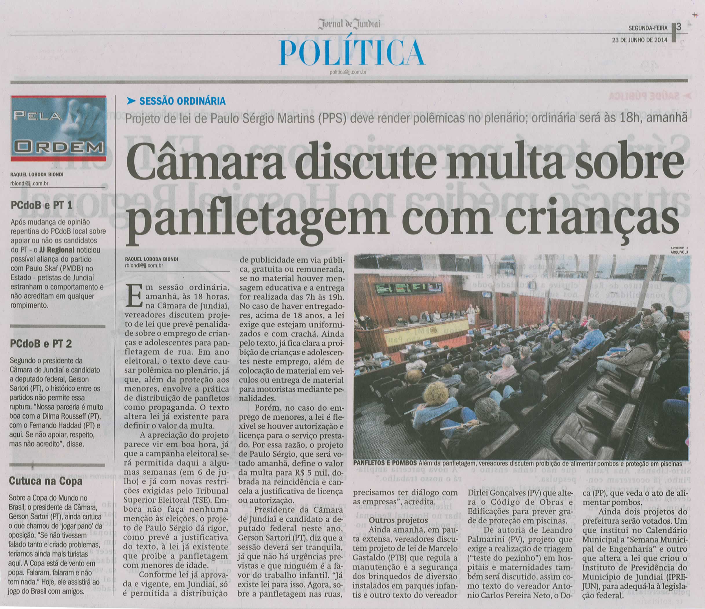 JJ - 23/06/14 - pg 3 - Política - Câmara discute multa sobre panfletagem com crianças - 