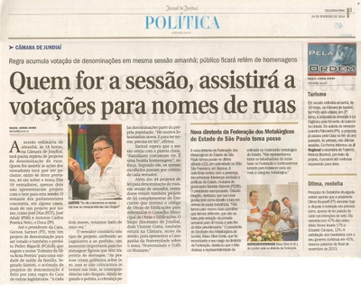 JJ - 24/02/14 - pg 3 - Política - Quem for a sessão, assistirá a votações para nomes de ruas -