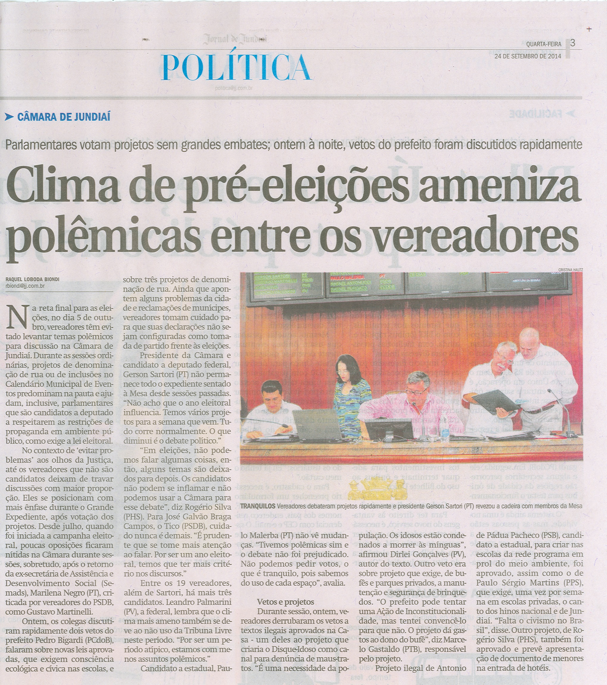 JJ - 24/09/14 - pág. 03 - Política - Clima pré - eleições ameniza polêmicas entre os vereadores.