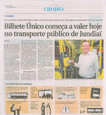 JJ - 24/09/14 - pág. 04 - Cidades - Bilhete Único começa a valer hoje no transporte público de Jundiaí.